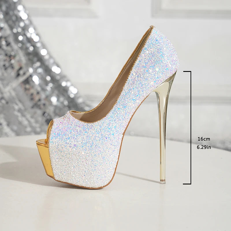 Sparkly high-heeled shoe with measurements on a neutral background