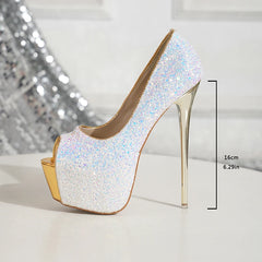 Sparkly high-heeled shoe with measurements on a neutral background