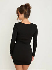 V-Neck Long Sleeve Ruched Drape Mini Dress