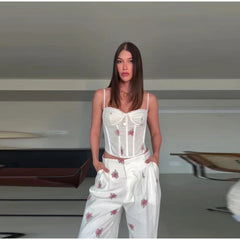 White Floral Print Corset and Wide Leg Pants Set