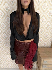 Satin V-neck draped long sleeve top