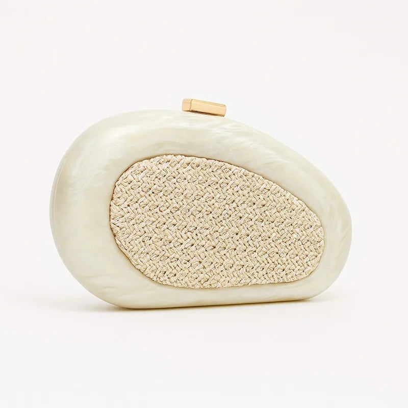 Ivory sculptural resin clutch with woven inlay