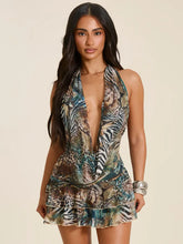 Halter deep V-neck mini dress with animal print