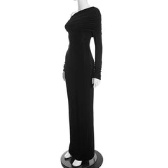 One Shoulder Draped Long Sleeve Maxi Dress