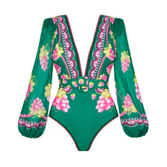 Balloon Sleeve Square Neck Cutout Bodysuit and Print Maxi Skirt Set