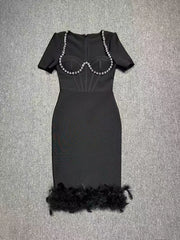 Elegant Black Midi Dress with Pearl Neckline & Feather Hem