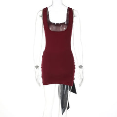 Square Neck Mini Dress with Faux Leather Tie Detail