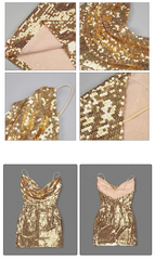Gold sequin dress shown from different angles with text indicating high quality fabric.