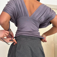 Ruched Drawstring Sleeve Deep V Neck Top