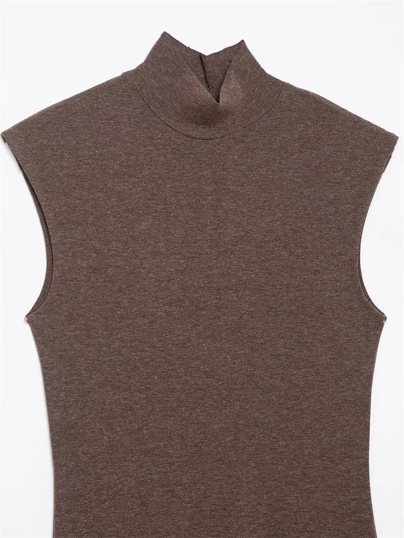 Brown sleeveless turtleneck top on a white background