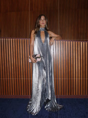 Metallic Pleated Halter Maxi Dress