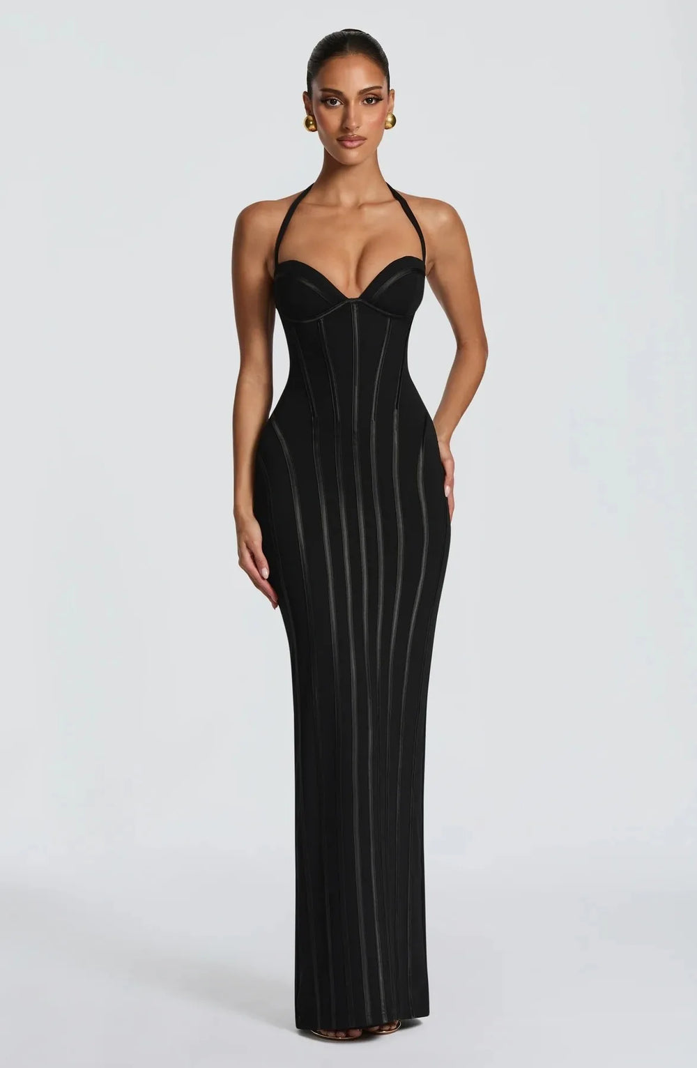 Black ribbed halter maxi dress front view