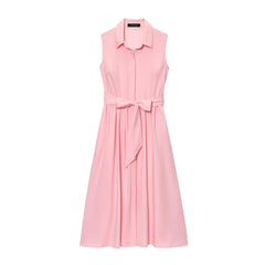 Pink dress with a belt- front