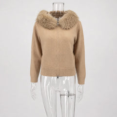 Hooded Faux Fur Trim Knit Jacket