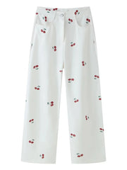Cherry Print Peplum Top and Wide Leg Pants Set