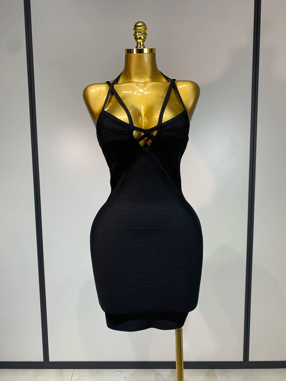 Black crisscross halter mini dress