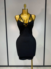 Black crisscross halter mini dress