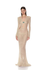 Knit maxi dress with deep V-neck and crystal embellishment