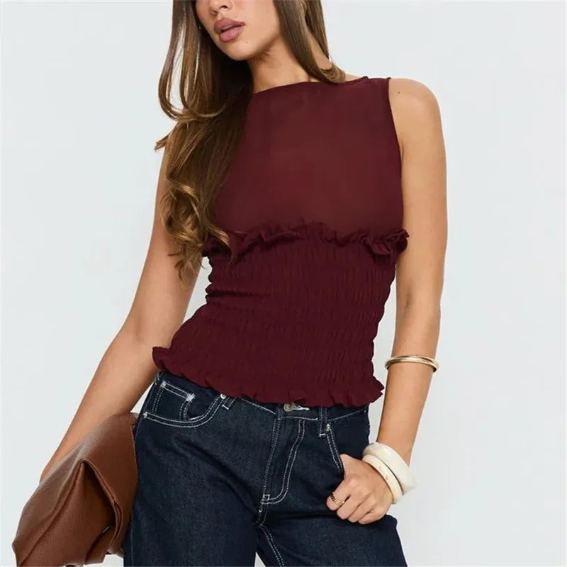 Close-up of the smocked bodice on a Sleeveless Boat Neck Tank Top