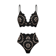 Black scalloped edge eyelet bikini set