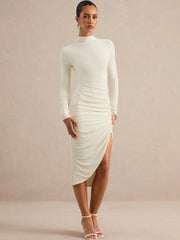 Long Sleeve Ruched Slit Turtleneck Midi Dress