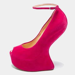 Fuchsia peep toe sculpted wedge heels with ankle strap