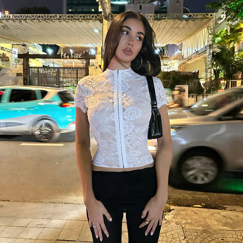 Cropped lace zip-front top with short sleeves