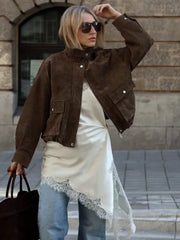 Faux Leather Patch Pocket Bomber Jacket