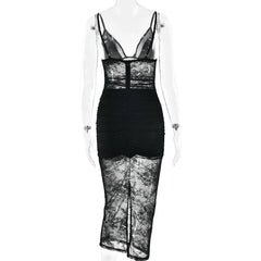 Black lace dress on a mannequin against a white background