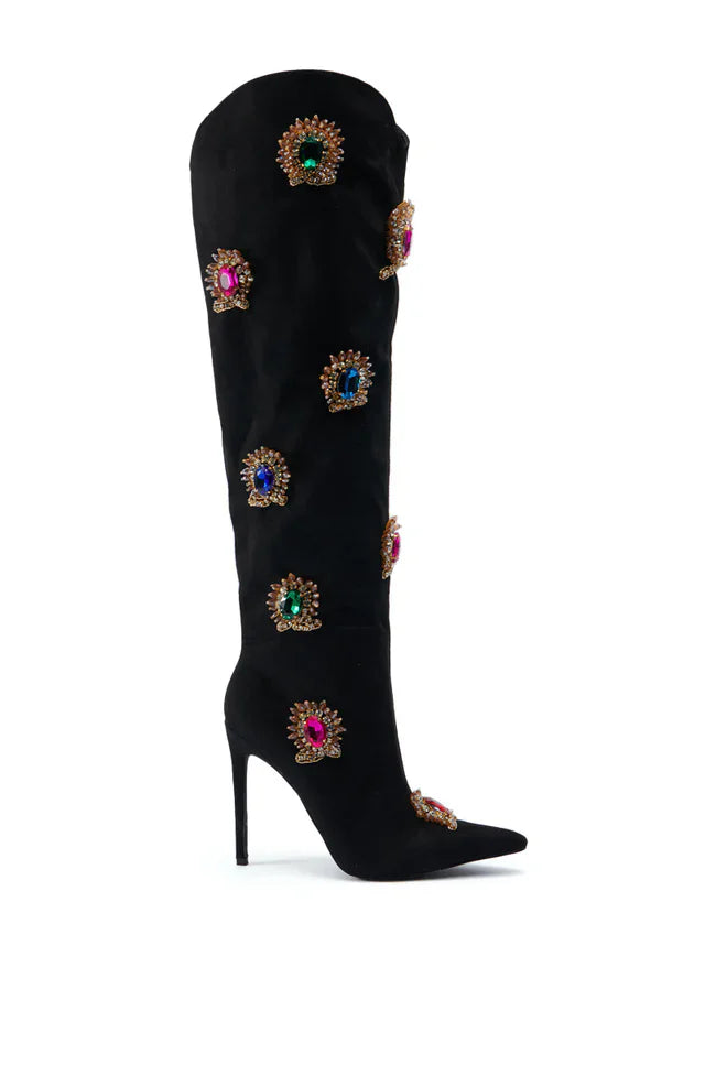 Black knee-high boot with colorful gemstone embellishments