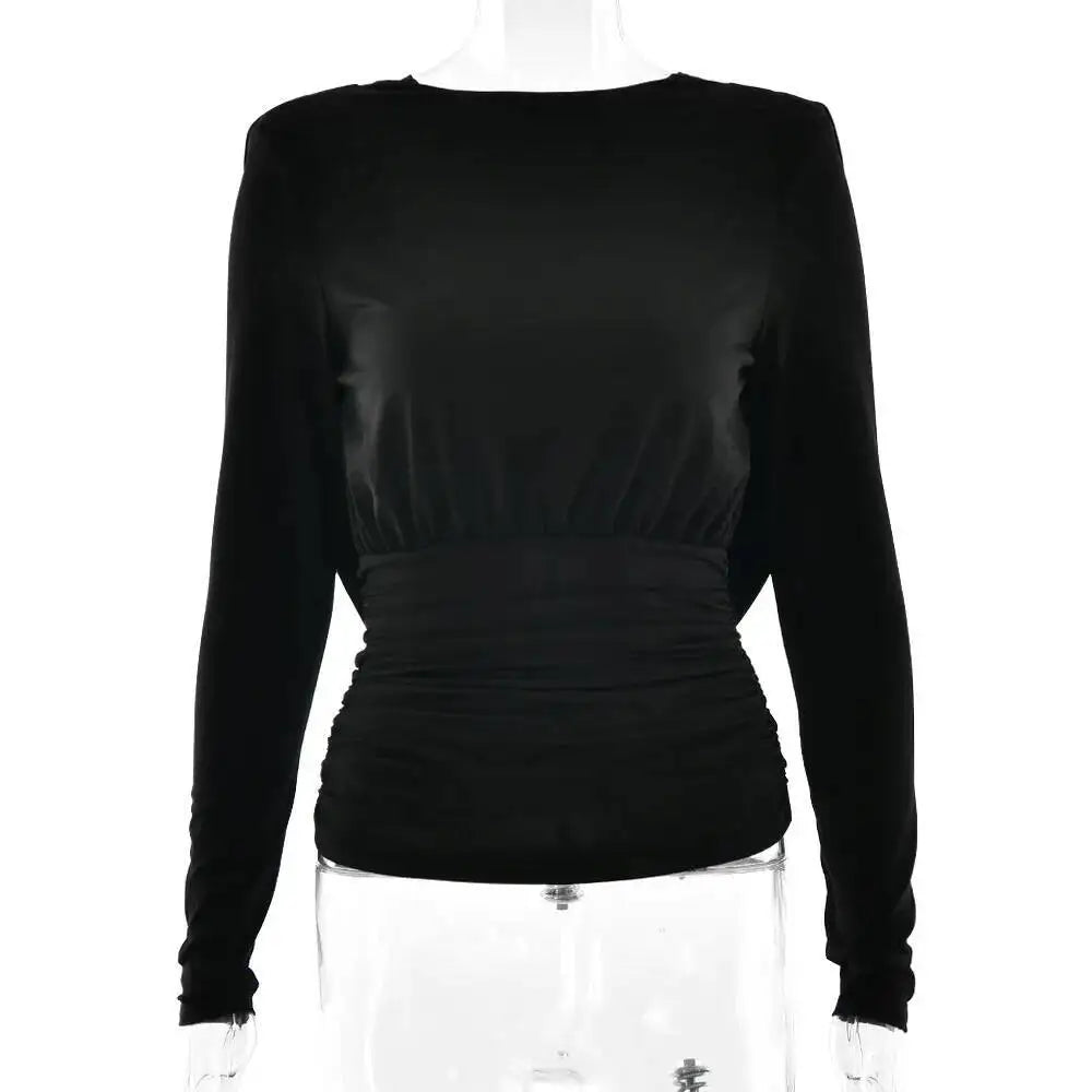Black long-sleeve top on a mannequin against a white background