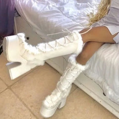 Faux Fur Platform Block Heel Boots