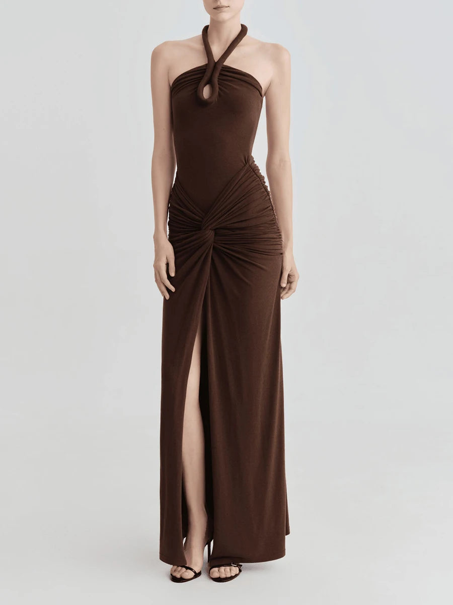 Brown halter neck ruched maxi dress front view