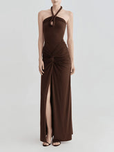 Brown halter neck ruched maxi dress front view