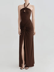 Brown halter neck ruched maxi dress front view