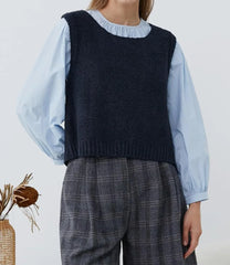 Person wearing a navy knitted vest over a light blue shirt with plaid pants on a plain background