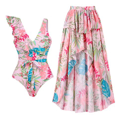 V-Neck Tie-Strap Swimsuit and Wrap Skirt Set