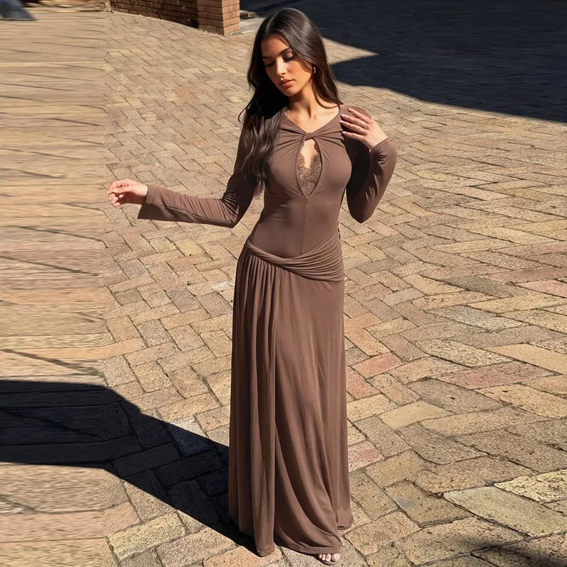 Brown long sleeve cutout maxi dress