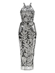 Silver Floral Sequin Halter Gown – Elegant Evening Dress