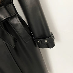 Long Faux Leather Belted Coat with Fur Collar
