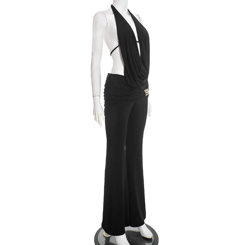 Black jumpsuit on a mannequin against a white background