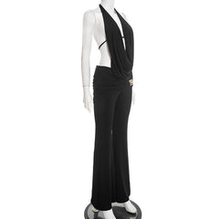 Black jumpsuit on a mannequin against a white background