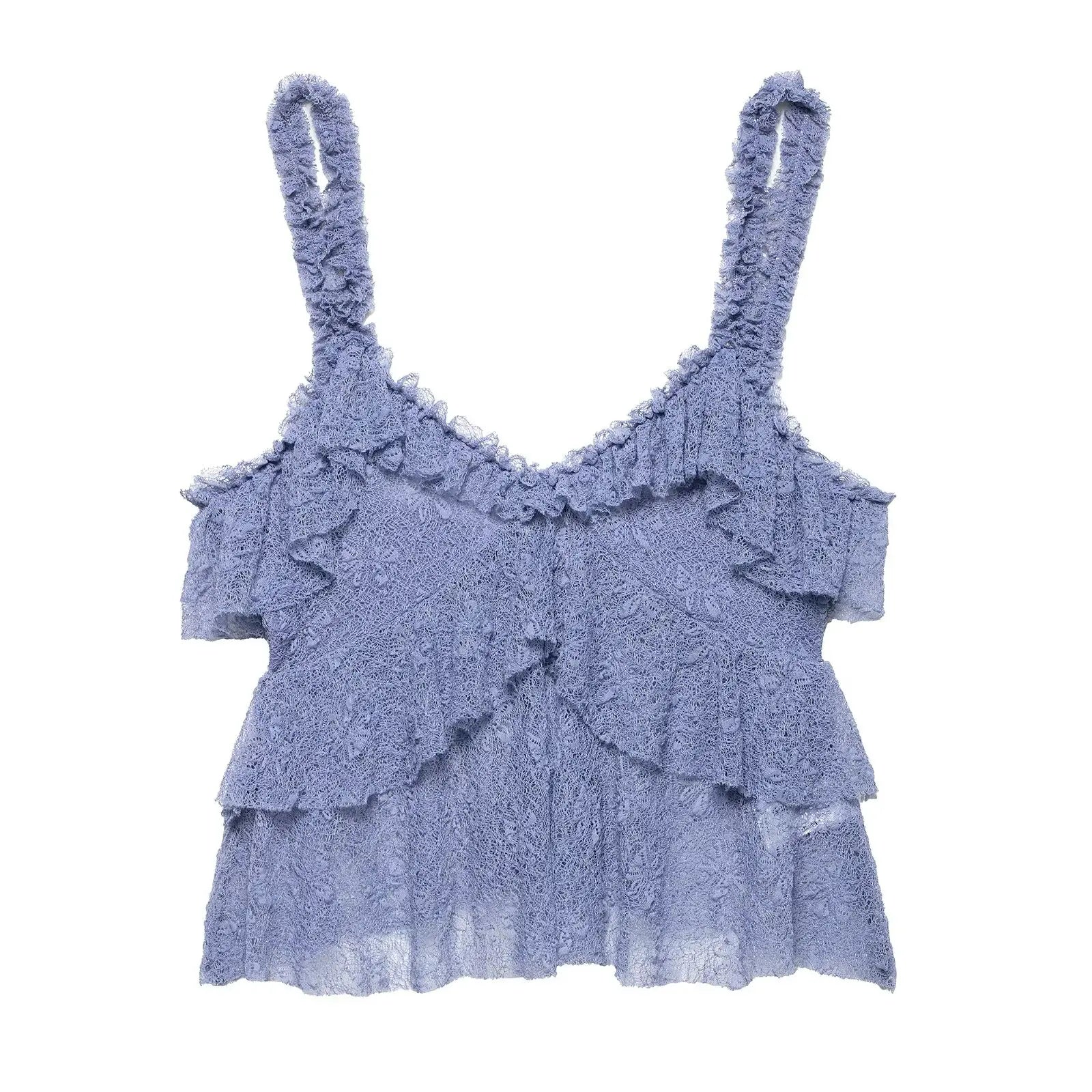 Blue lace top with ruffled layers on a white background