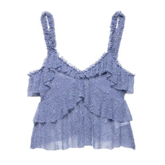 Blue lace top with ruffled layers on a white background