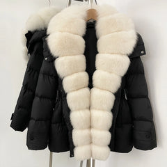 Black puffer jacket with a long white fur collar on a mannequin