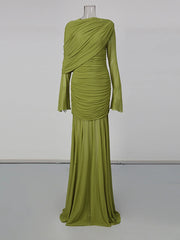 Draped mesh maxi dress on mannequin, front view