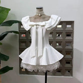 Off-shoulder bow frill mini dress in white