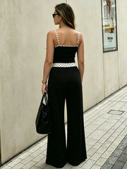Black Polka Dot Trim Cami Top and Wide-Leg Pants Set