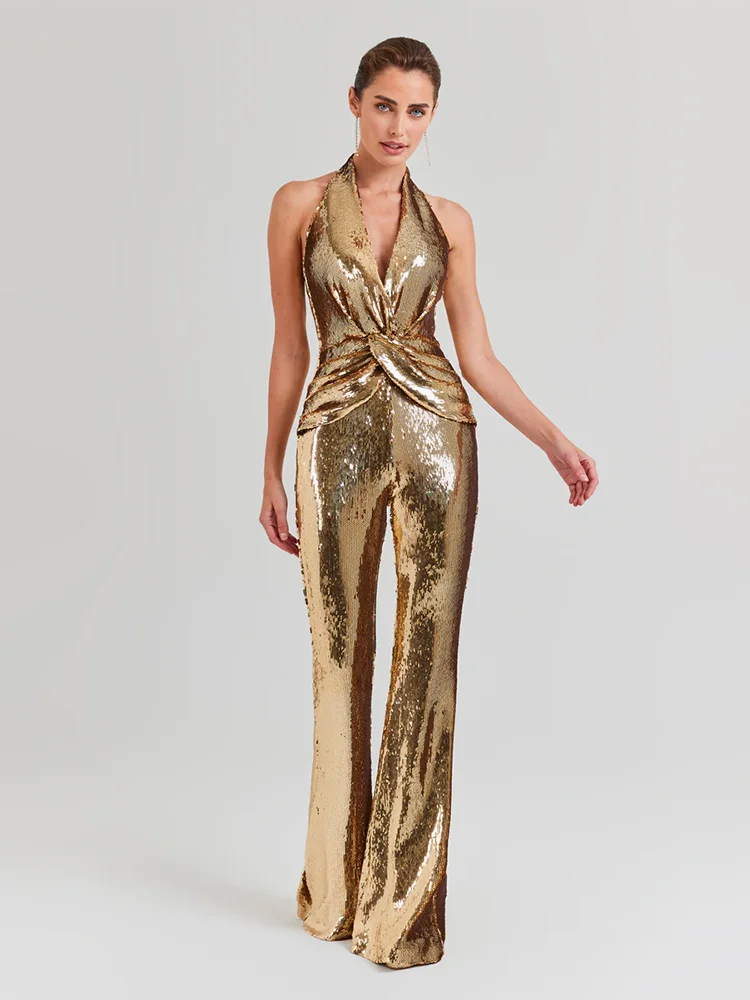 Gold sequin sleeveless V neck wide leg jumpsuit.