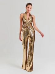 Gold sequin sleeveless V neck wide leg jumpsuit.